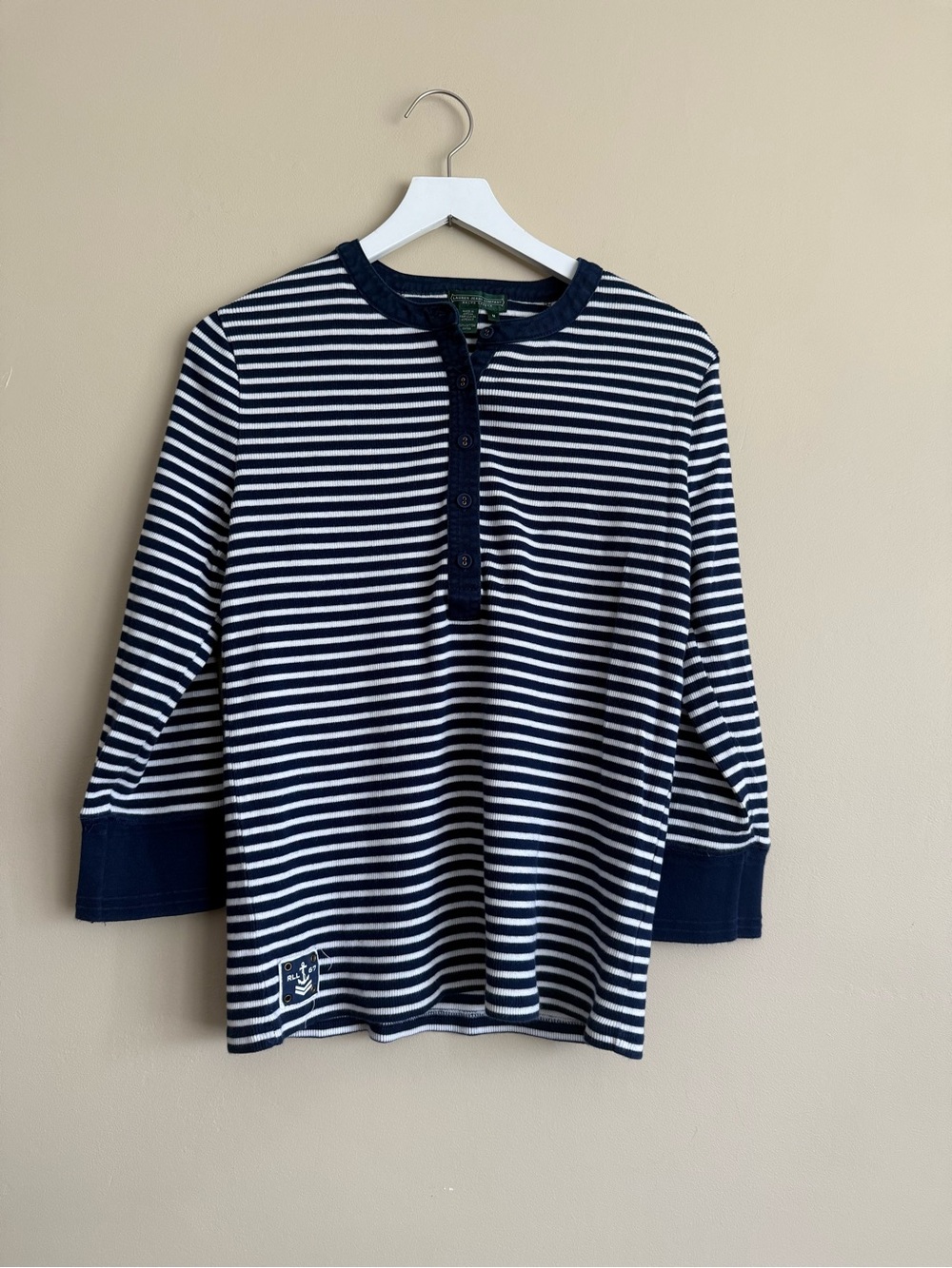 Lauren Jeans Company Vintage Striped Ribbed Henley Size Medium 100% Cotton